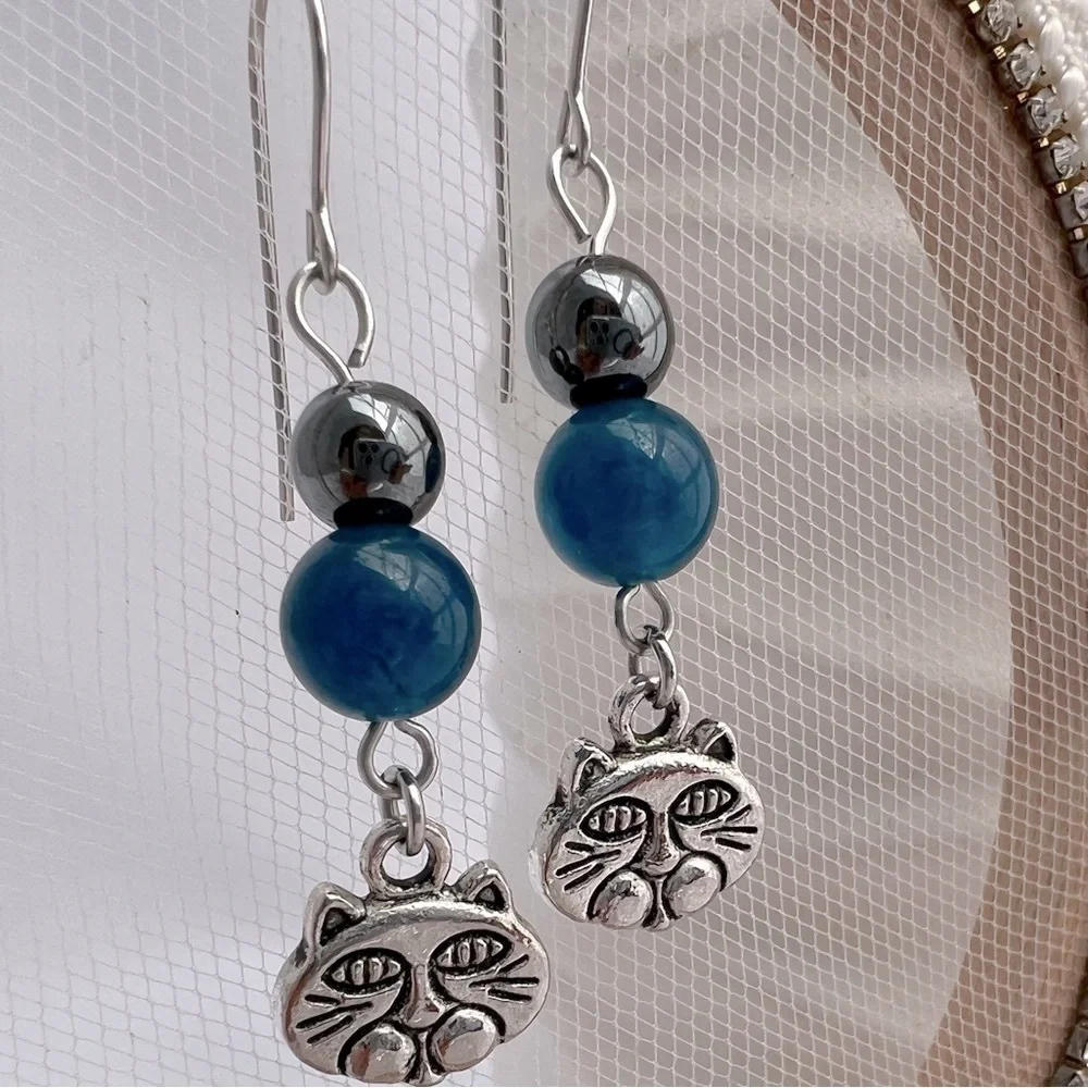 Dangle Earrings Hematite, Blue Jade and Cat Charms